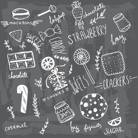 Hand drawn doodle  grungy colored sweets with a chalkboard backgroundのイラスト素材