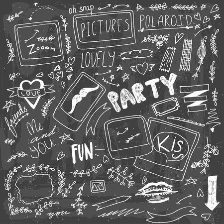 Set of hand drawn doodle  polaroid party itemsのイラスト素材