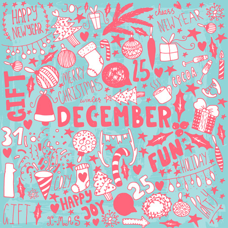 Doodle Christmas background. Unique vintage items. New year illustrations.のイラスト素材