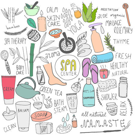 Spa and beauty doodle icons set. Hand drawn unique elements.のイラスト素材