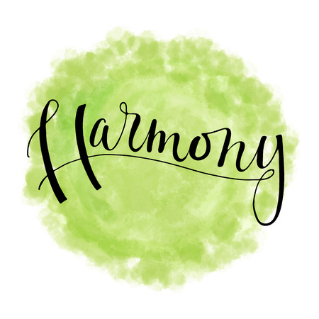 Harmony. Hand drawn lettering on a watercolor imitation background texture. Eco style lettering.のイラスト素材