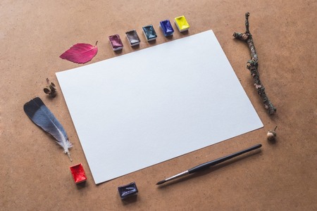 Identity and craft mockup set with retro filter effect. Cute vintage mock up on wooden background. Autumn styled mock-up.の写真素材