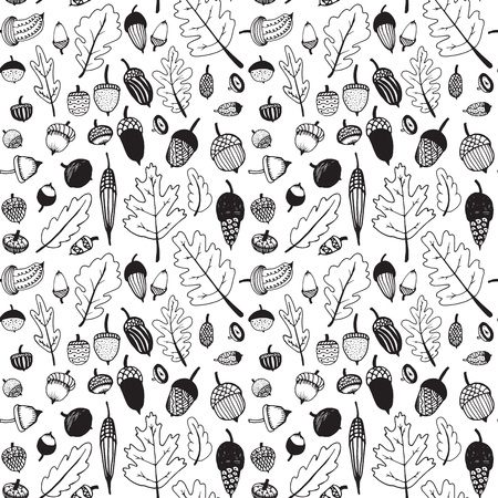 Hand drawn doodle seamless acorn pattern. Vintage wallpaper, scrapbooking, autumn background, oak leaves patterns.のイラスト素材
