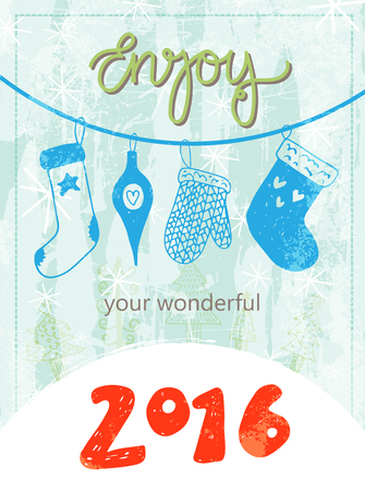 Hand drawn vintage Merry Christmas grungy postcard. New year vector illustration.のイラスト素材