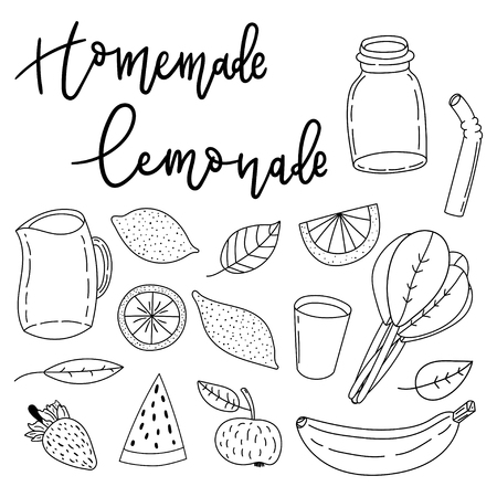 Set of hand drawn simple line vector doodle icons. Drink lemonade. Step by step easy to do recipe.のイラスト素材