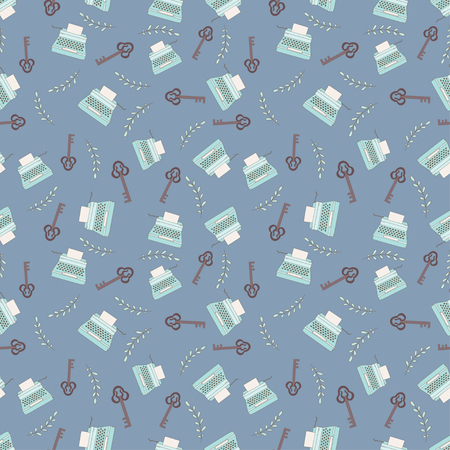 Vintage seamless pattern with flowers, keys, typewritter, leaves, cups and mugs, clocks and kettles.のイラスト素材