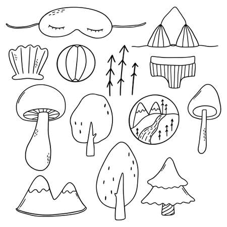 Vector illustration set with bag, handbag, traffic trunks, backpack, suitcase. Packing for vacation.のイラスト素材