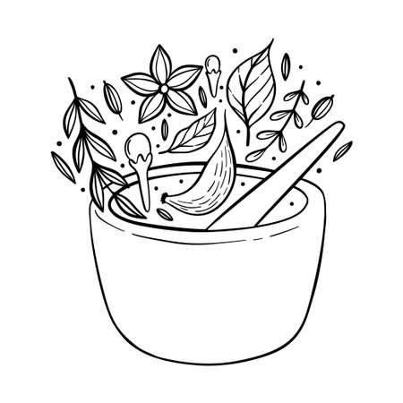 Illustration of a pantry staple objects. Spices and herbs. Spices and grains in a jars.のイラスト素材
