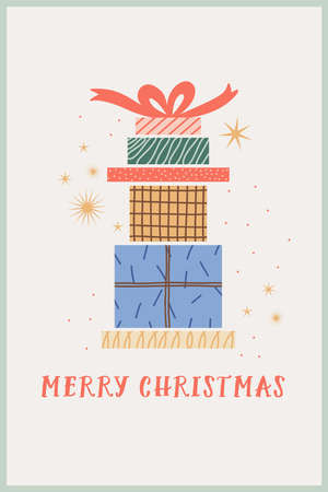 Christmas greeting card design with holiday elements in modern style, simple cute greeting card design.のイラスト素材