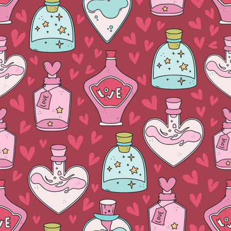 Adorable seamless pattern with love potion bottles for a valentines day.のイラスト素材