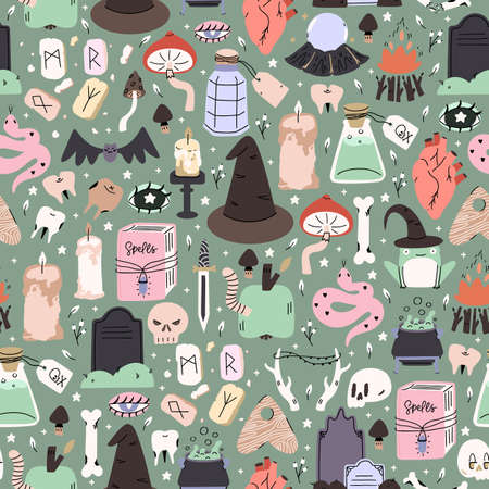 Cute illustrated halloween pattern. Seamleass repeated background.のイラスト素材