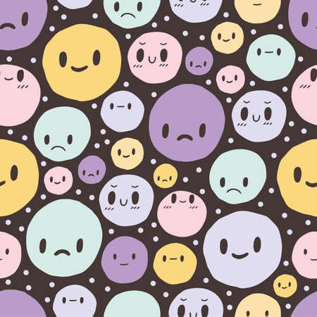 Seamless vector pattern with doodle faces with different emotions,のイラスト素材