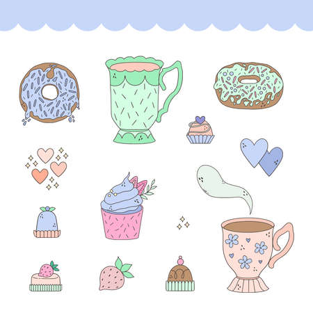 Victorian tea party. Illustrated doodle clip art collection.のイラスト素材