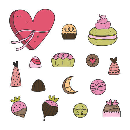 Pack of cute hand drawn dessert illustrations. Pastry, sweets, ice-cream, chocolate, candy.のイラスト素材