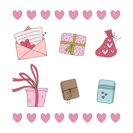 Pack of cute gift boxes, wrappers, bags with presents. Hand drawn valentine day illustrations.のイラスト素材