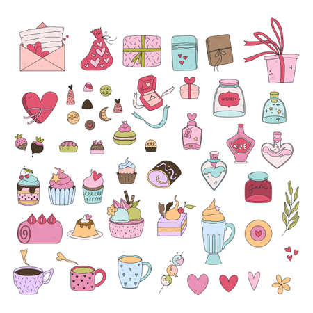 Bundle of valentine day illustrations. Pack of adorable doodles.のイラスト素材