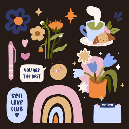 Collection of hand drawn doodle illustrations for graphic design and social media stickers. Vector elements in a playful naive styleのイラスト素材