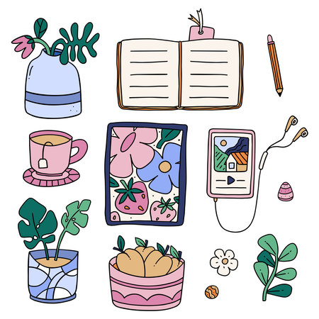 Set of vector design elements in a cute doodle style about planning, reading, hobbies, music, plants and lifestyleのイラスト素材