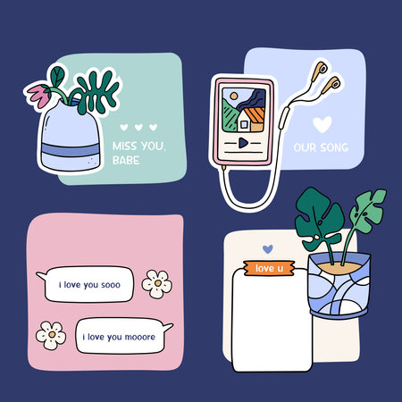 Set of romantic doodle stickers for social media, planning, stationary and graphic design. Collection of hand drawn vector doodles.のイラスト素材
