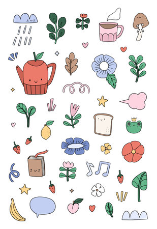 Vector graphic collection of cute doodle ddesign elements in a childish naive style of flowerrs, plants, plannng for social; media and stations.のイラスト素材