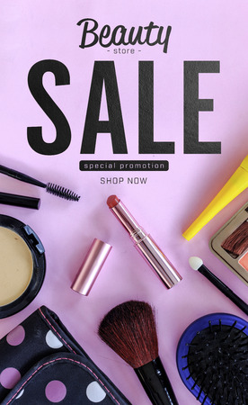 cover design makeup cosmetics and brushes on pink background, over light
