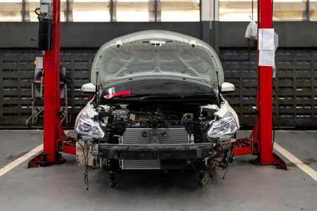 car in repair station and body shop with soft-focus and over light in the background