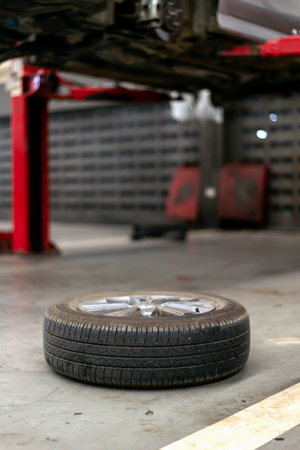 closeup old tire in car repair station with soft-focus and over light in the backgroundの写真素材