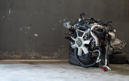 car engine repair in garage with soft-focus and over light in the background