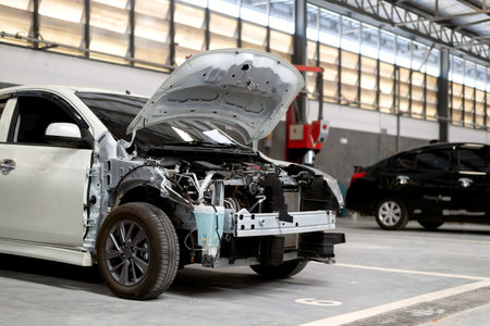 closeup car repair in garage service station with soft-focus and over light in the backgroundの写真素材