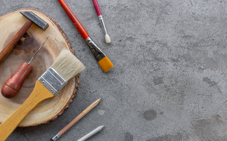 DIY concept. craft tools set on cement background. top viewの写真素材
