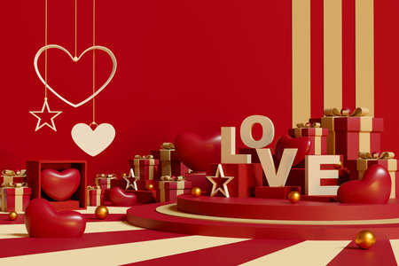 Happy valentine's day background. Abstract background minimal style for branding product presentation on Valentine's day. mockup and template scene with empty space. 3D illustrationの写真素材