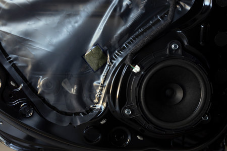 auto mechanic installs a car speaker from the door. car repairman repairs a car doorの写真素材