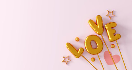 happy valentine's day background. decorative festive object, heart shaped and love word text balloons, greeting card. holiday banner design. top view. flat lay. 3D illustrationの写真素材