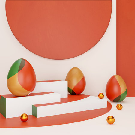 easter eggs and golden ball on podium background. easter day concept scene stage showcase for new product, promotion sale, banner, presentation, cosmetic. 3D illustrationの写真素材