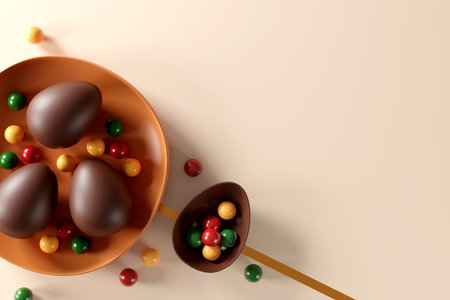 delicious chocolate easter eggs on cream color background.  flat lay. top view. happy easter day...