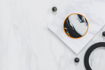 marble podium minimal on stage with white, black and golden platform. stage to show beverage, cosmetic and jewelry product.  mockup template. top view. 3D illustration.の写真素材