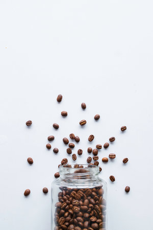 coffee bean on white table background. top view. space for text