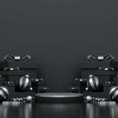 Merry Christmas and happy new year banner design, poster and cover design background. Christmas studio table room product display with copy space. 3D illustrationの写真素材