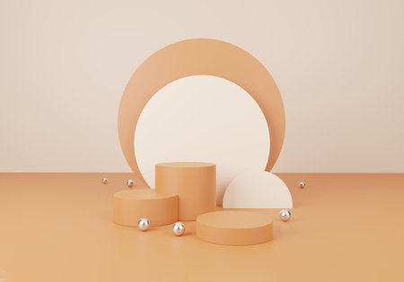 cosmetic and food concept. minimal scene with geometric forms. cylinder podium display and silver ball or mockup for product in pastel colors background. space for text. 3D illustrationの写真素材
