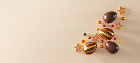 chocolate easter eggs on brown background. top view. flat lay. 3D illustrationの写真素材
