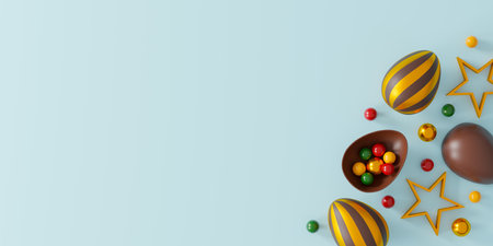 chocolate easter eggs on blue background. greeting card, poster, banner template. top view. flat...