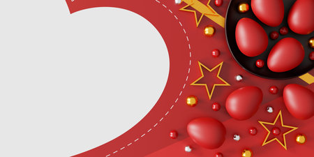easter eggs on red background. greeting card, poster, banner template. top view. flat lay. space for text. 3D illustrationの写真素材