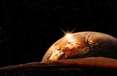 view of moon with earth rising on the horizon background. planet earth wallpaper. 3D illustration.