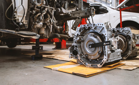 closeup detail of car engine in service center with soft-focus and over light in the background