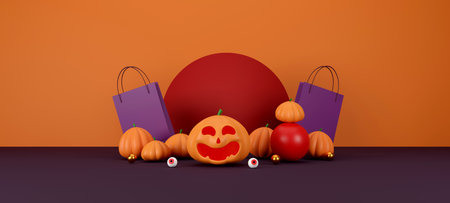 halloween sale banner design. halloween pumpkins and shopping bag on orange background for greeting card, banner, poster,blog, article, social media, marketing. 3D illustrationの写真素材