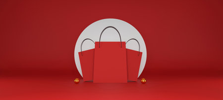 red shopping bag on red background. sale banner design. 3d illustration
