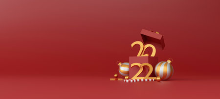merry christmas and new year 2022 presents concept. red gift boxes and christmas decor on red...