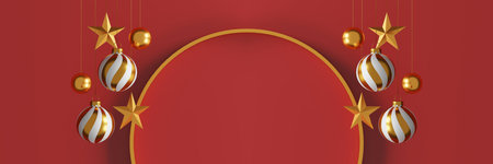 Christmas and happy new year decorations with a golden silver ball and golden star on red background. 3d illustrationの写真素材