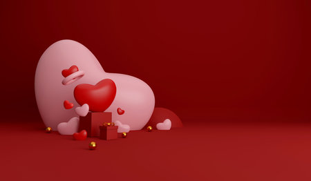happy valentine's day background. festive decorative objects, heart shaped balloons, gift box,...