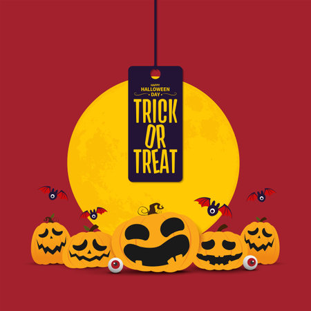 happy halloween day banner background, pumpkin monster vector designのイラスト素材